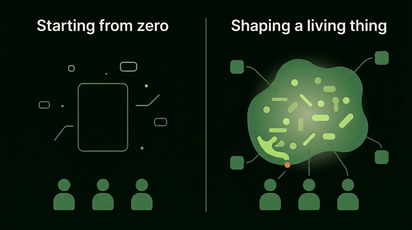Two panels compared: starting from zero versus shaping a living thing. An arrow indicates Jungl3 does the second, not the first.